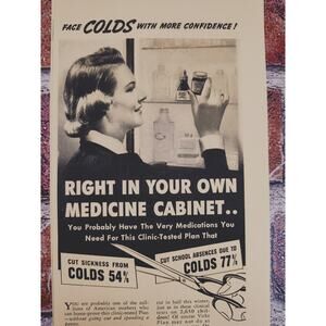 1940 Vicks Cold Medicine Mom at Medicine Cabinet Vtg Print Ad on‎ Yellow Paper